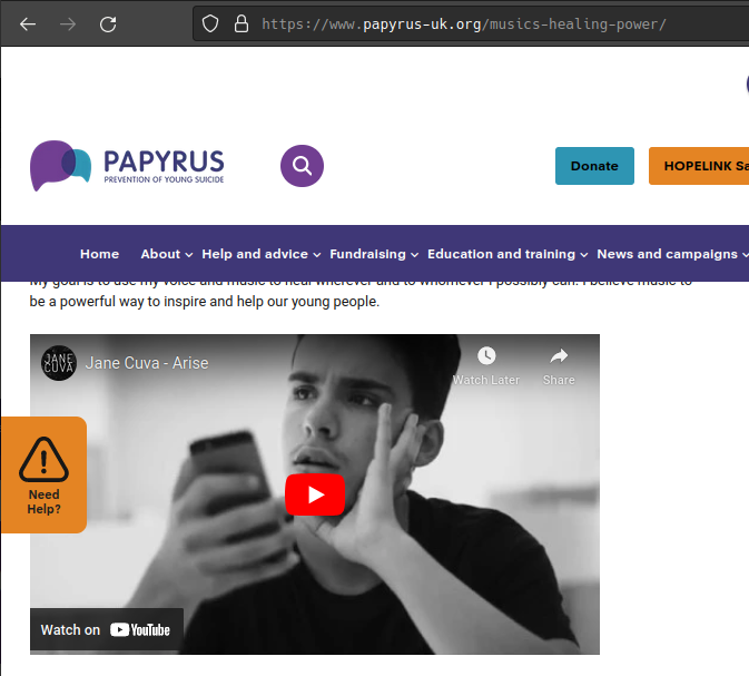 Screenshot of YouTube embed on Papyrus' Music's Healing Power page
